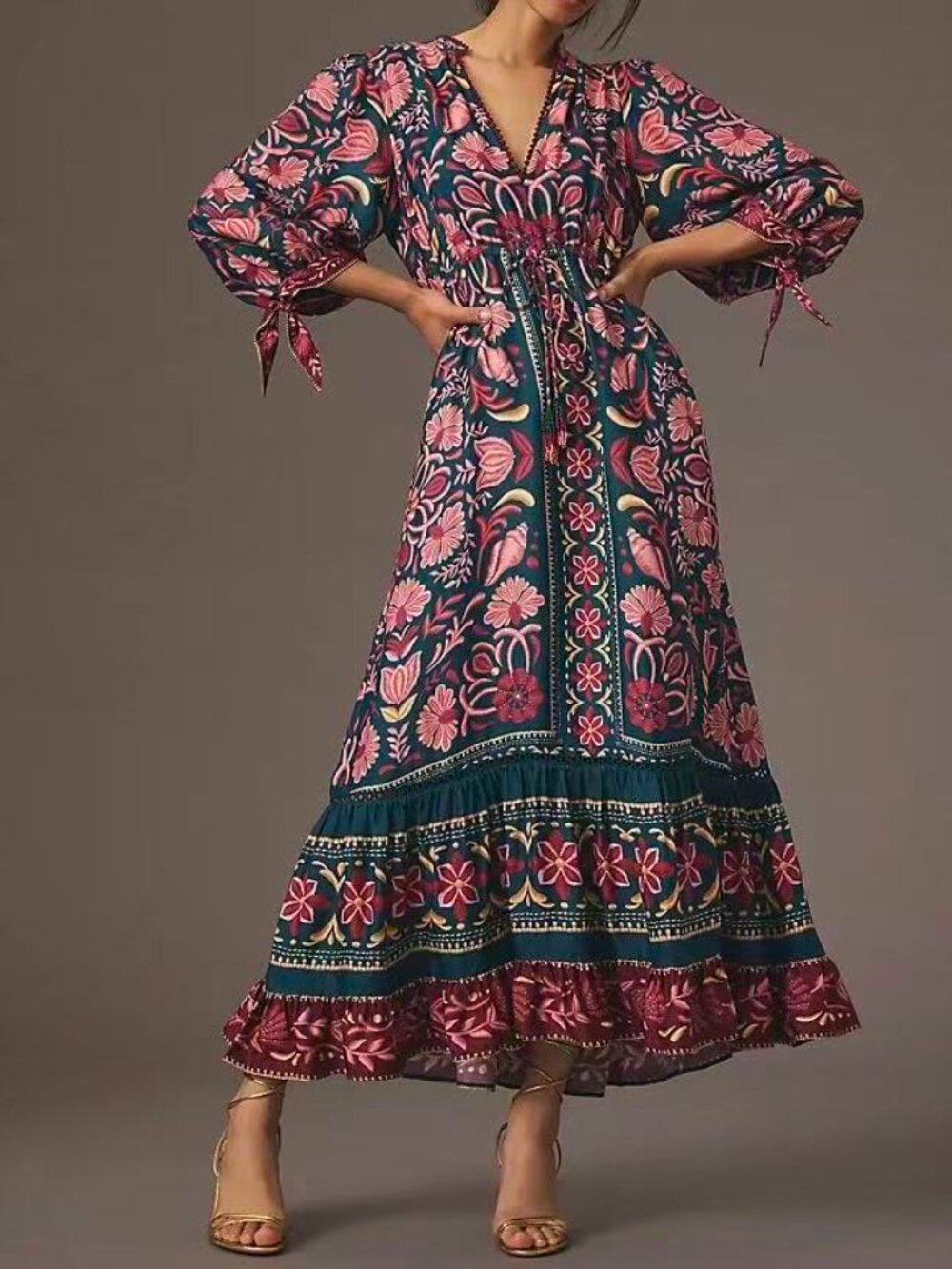 NWOT Farm Rio Floral Beads Tie Printed Tunic Ruffles Maxi Dress Size XS